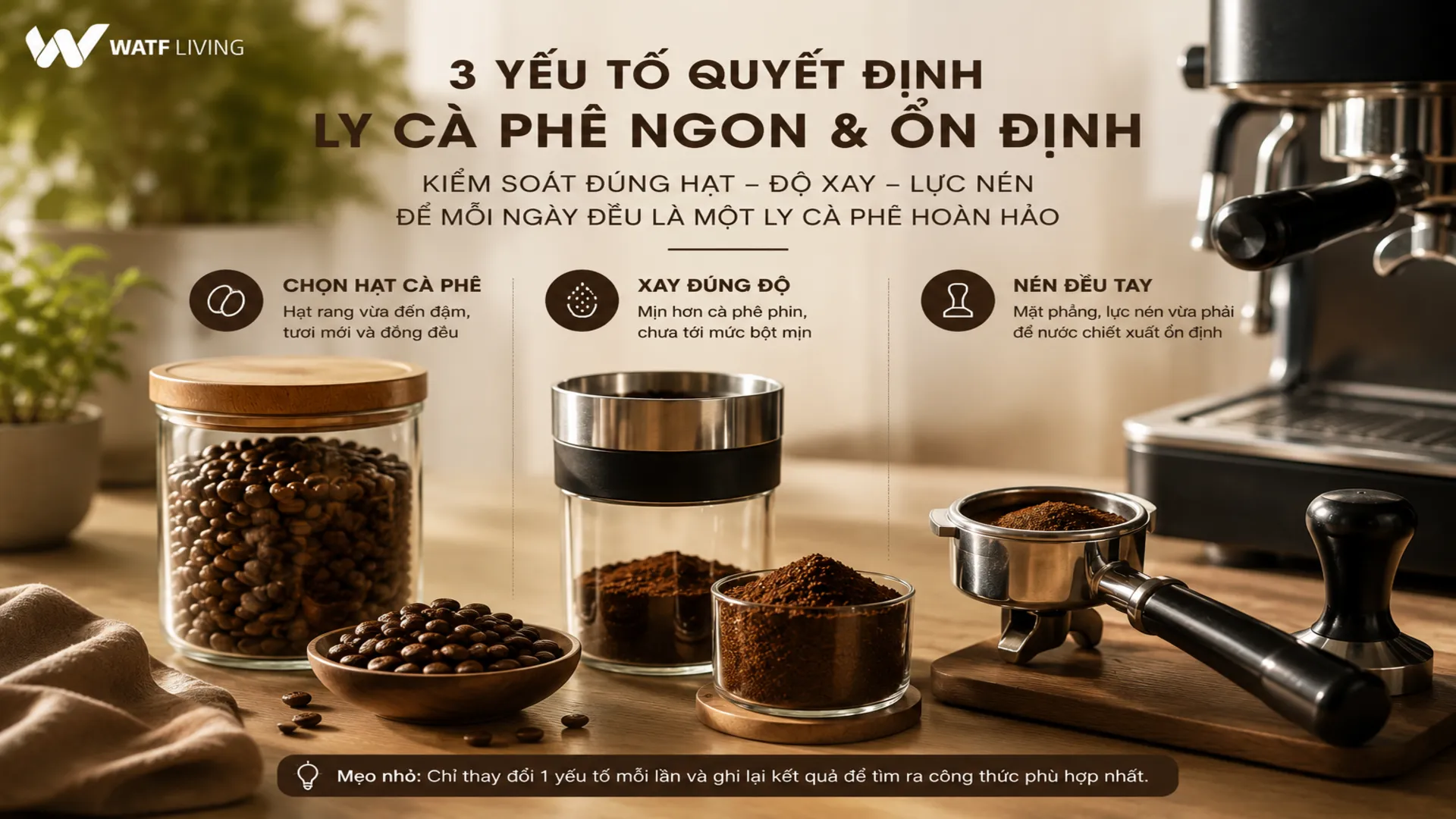 Ba yếu tố quan trọng quyết định chất lượng ly espresso gồm hạt cà phê, độ xay và lực nén. Kiểm soát tốt ba yếu tố này giúp cách pha cà phê máy ngon trở nên ổn định và dễ lặp lại mỗi ngày.