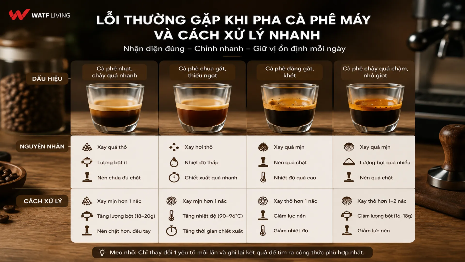 Nhận biết đúng các lỗi thường gặp khi pha cà phê máy như cà phê nhạt, chua, đắng hoặc chảy quá chậm sẽ giúp bạn điều chỉnh nhanh và duy trì hương vị ổn định trong mỗi lần pha.