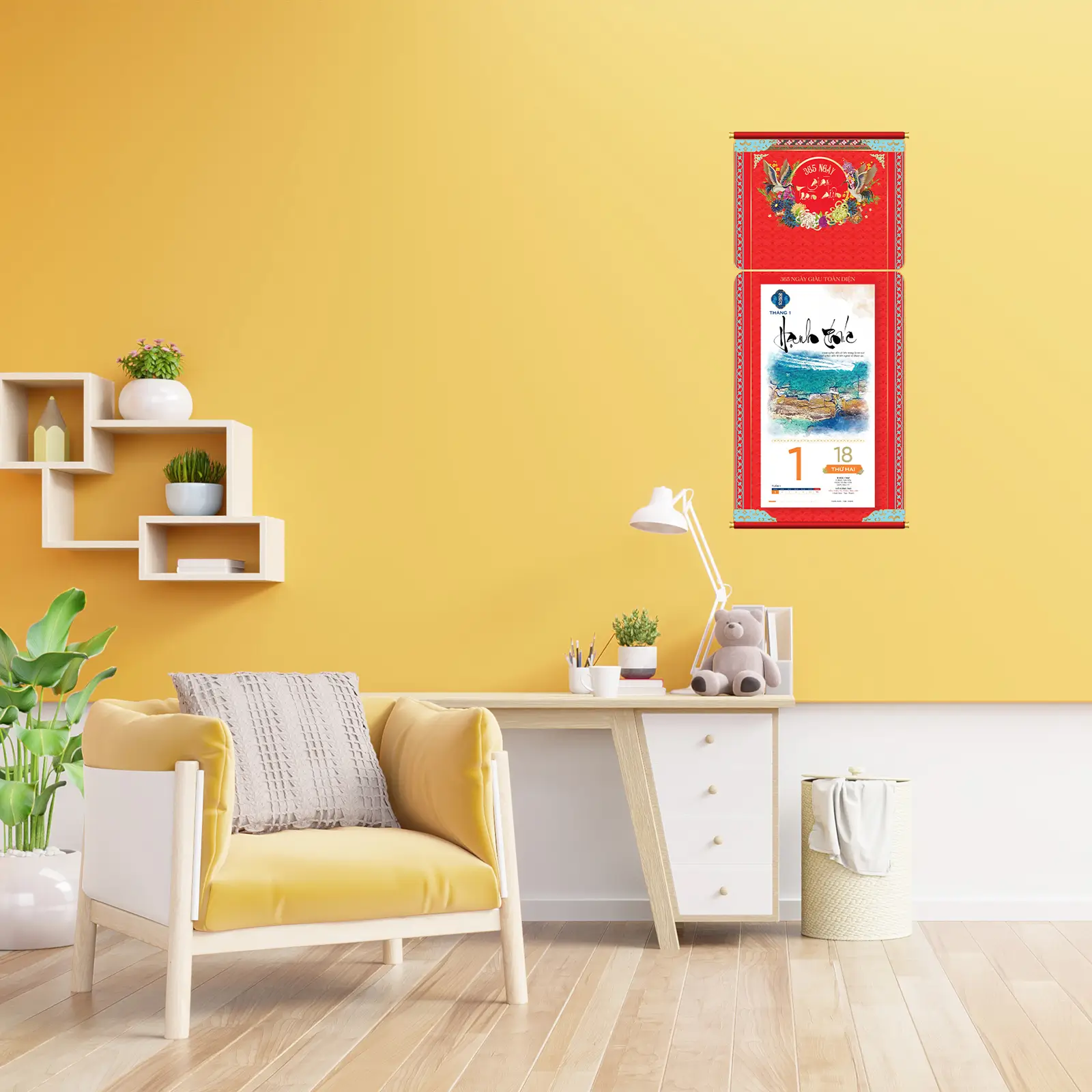Bộ Lịch 365 Ngày Giàu Toàn Diện 2027 được treo trên tường xanh trong không gian nội thất