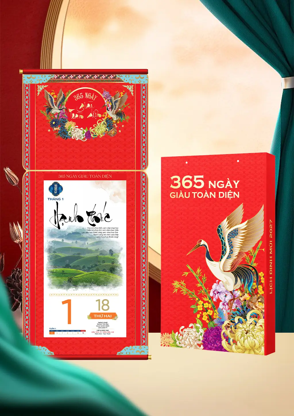 Thiết kế bìa Lịch 365 Ngày Giàu Toàn Diện 2027 với nền xanh cobalt, đôi chim hạc, tre trúc và các loài hoa