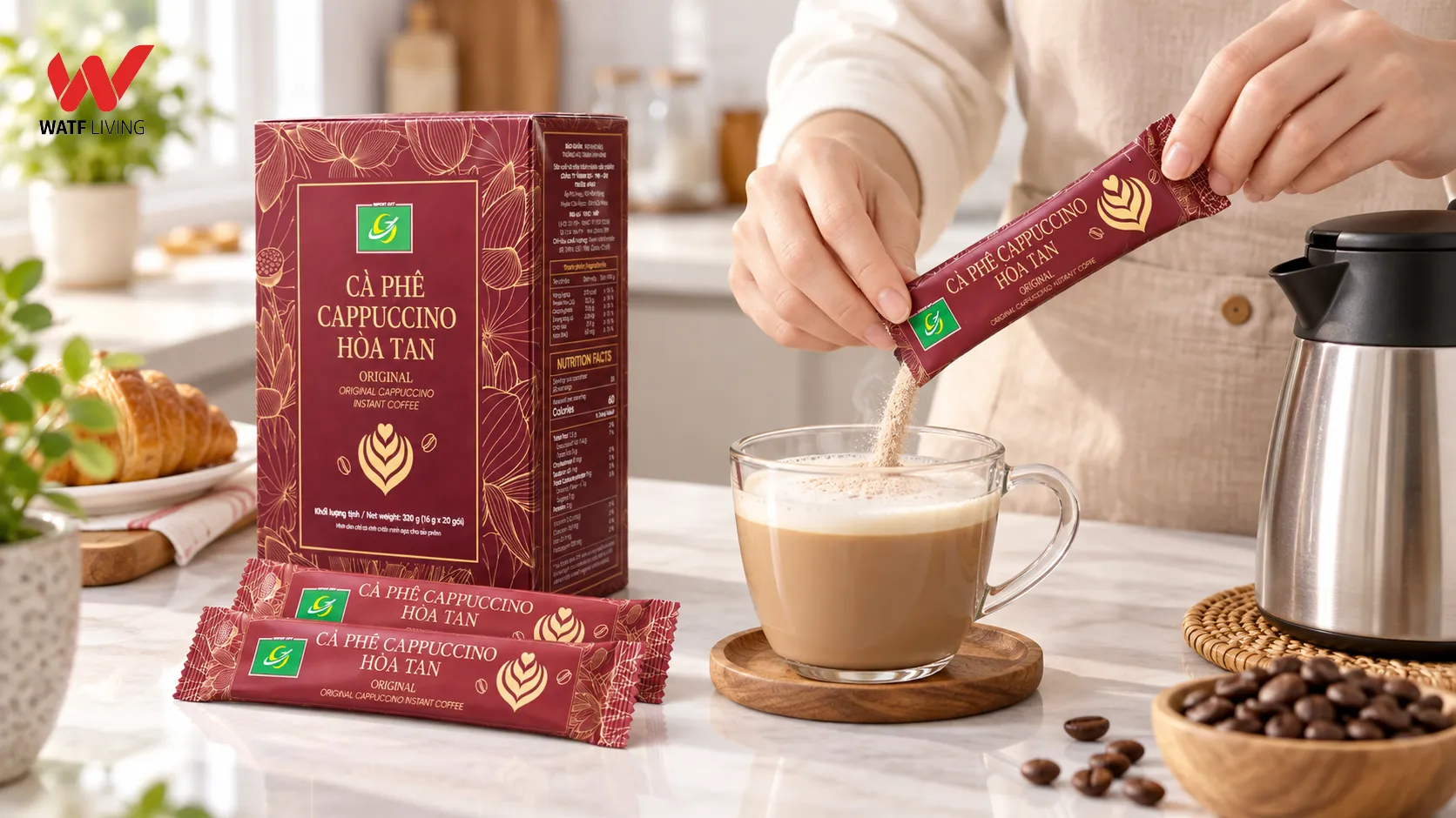 Cappuccino Airport Gift tiện lợi với quy cách gói nhỏ dễ pha và bảo quản Cappuccino Airport Gift tiện lợi với quy cách gói nhỏ dễ pha và bảo quản