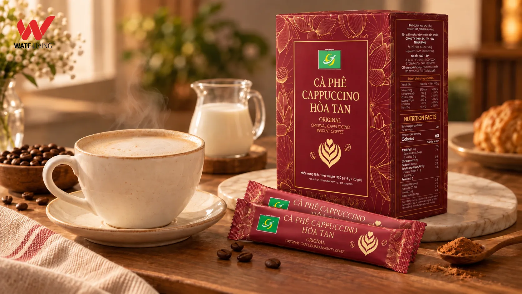 Cà phê Cappuccino hòa tan kết hợp vị cà phê, sữa và lớp bọt đặc trưng Cà phê Cappuccino hòa tan kết hợp vị cà phê, sữa và lớp bọt đặc trưng
