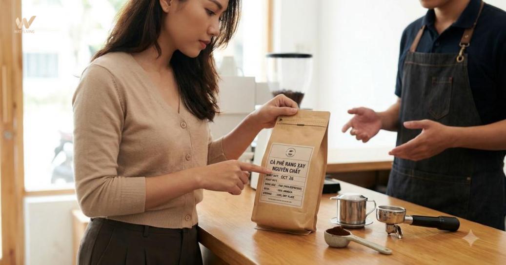 Kiểm tra thành phần, ngày rang và bảo quản để chọn cà phê nguyên chất