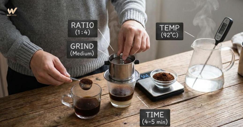 Cà phê đậm đặc phụ thuộc vào tỷ lệ, độ xay, nhiệt độ và thời gian chiết xuất, không chỉ ở lượng bột.