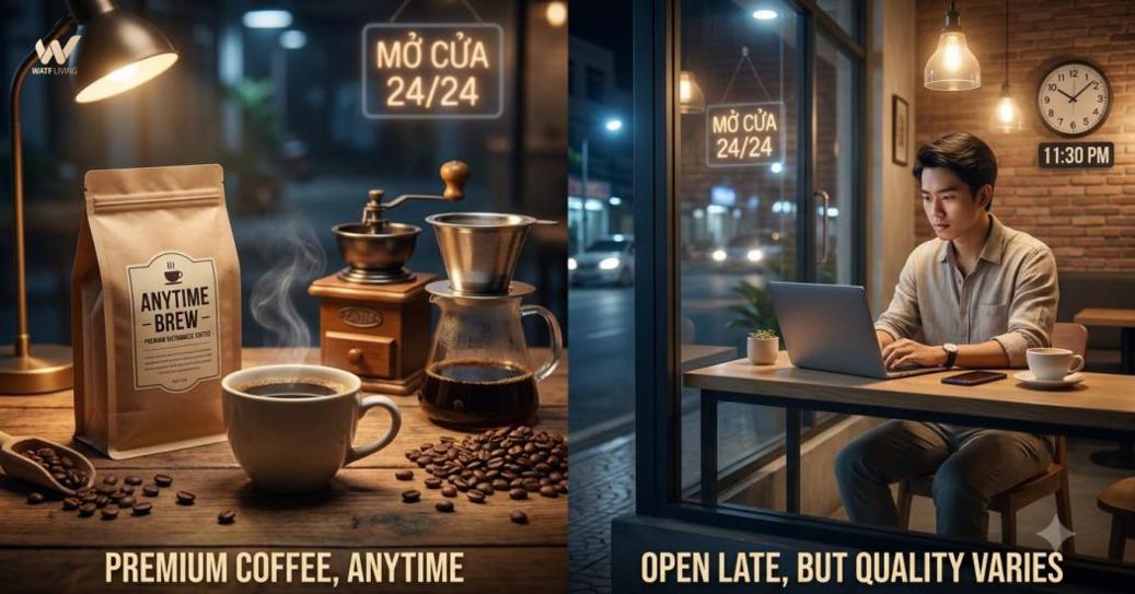 Cà phê 24 giờ có thể chỉ thời điểm thưởng thức hoặc quán mở xuyên đêm Cà phê 24 giờ có thể chỉ thời điểm thưởng thức hoặc quán mở xuyên đêm