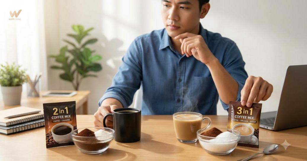 Chọn cà phê 2 in 1 hay 3 in 1 tùy thuộc vào khẩu vị, sự tiện lợi và tỷ lệ thành phần.