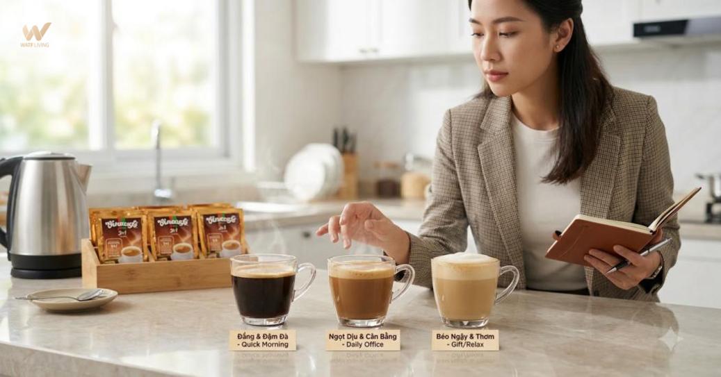 Cà phê 3 trong 1 nhanh gọn, tiện lợi, vị đậm đà, phù hợp cho người bận rộn và làm quà tặng.